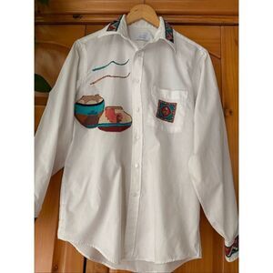 Vintage Manhattan Western Shirt Mens 15.5 32/33 White Cactus Applique Made in US